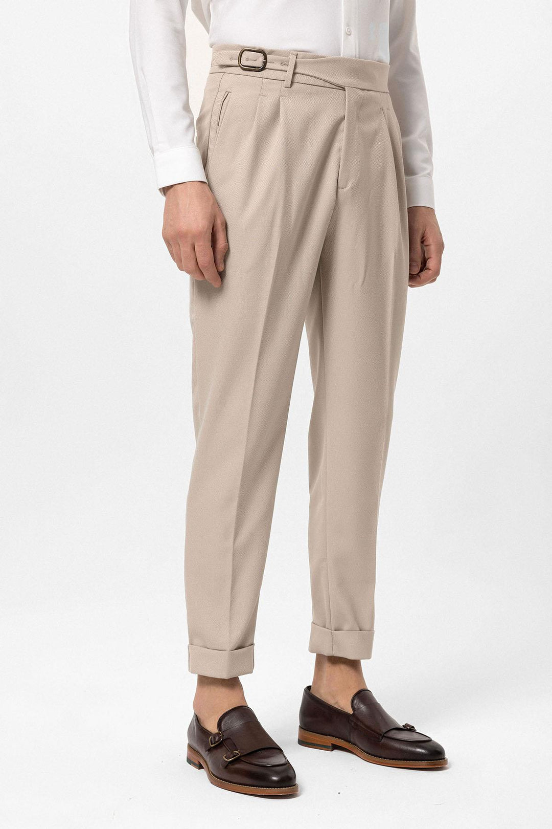 Stone High-Waisted Pleated Men's Trousers with Buckle Detail - Wessi