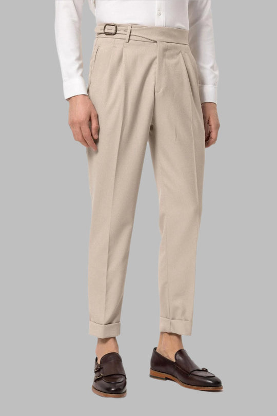 Cream High-Waisted Pleated Men's Trousers with Buckle Detail - Wessi