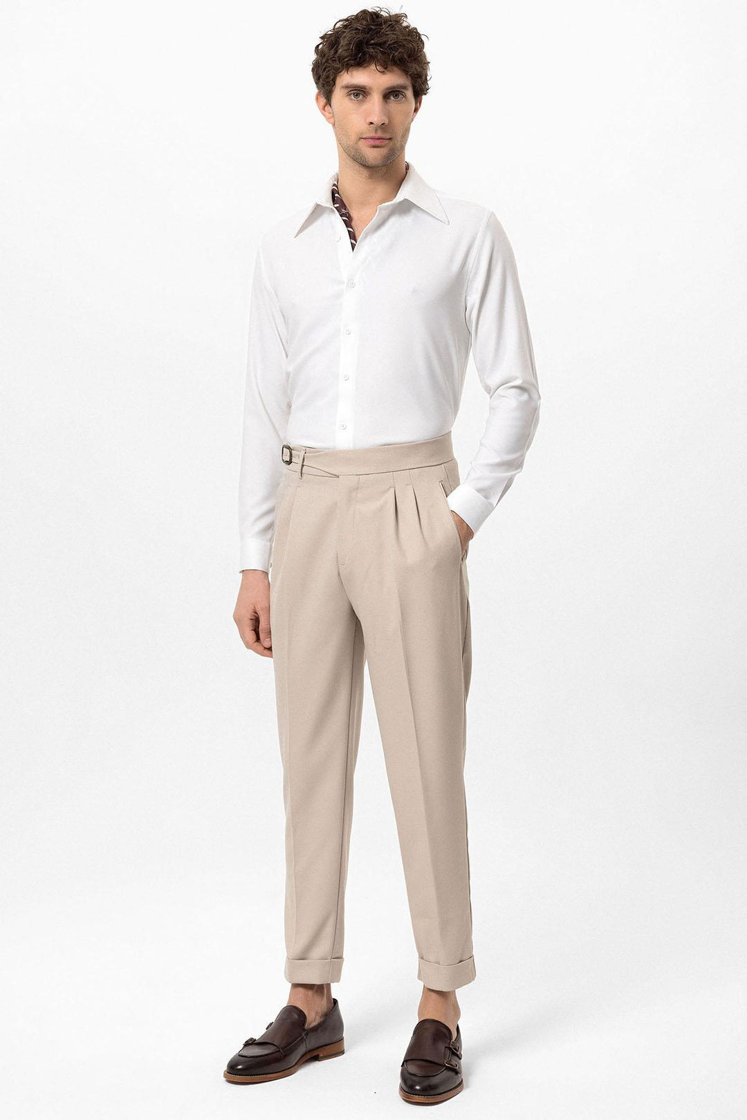 Stone High-Waisted Pleated Men's Trousers with Buckle Detail - Wessi