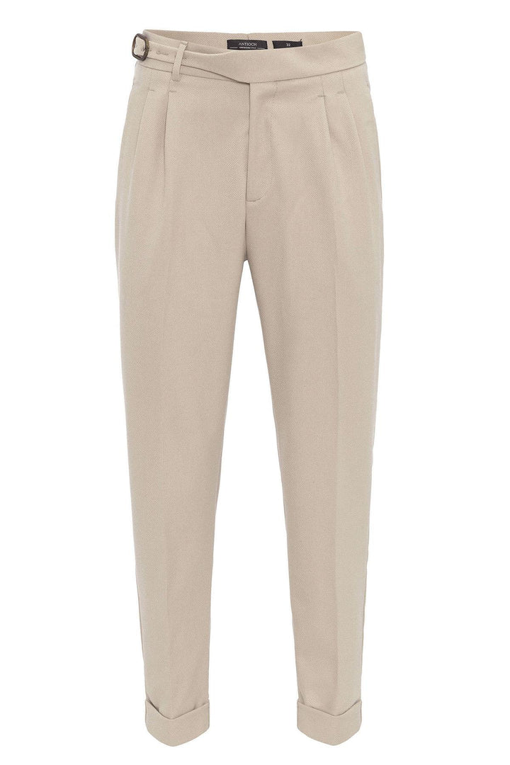 Cream High-Waisted Pleated Men's Trousers with Buckle Detail - Wessi