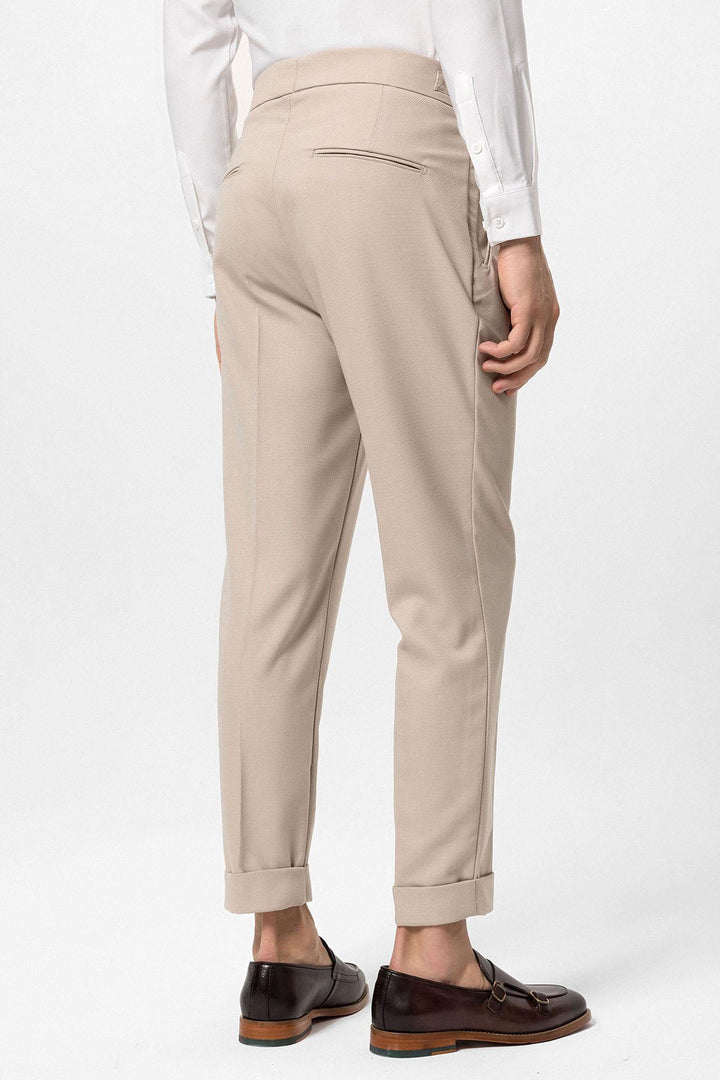 Stone High-Waisted Pleated Men's Trousers with Buckle Detail - Wessi