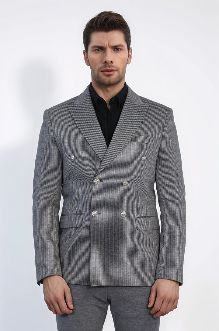 Anthracite Pinstriped Slim Fit Double-Breasted Blazer with Silver Metal Buttons – Wessi