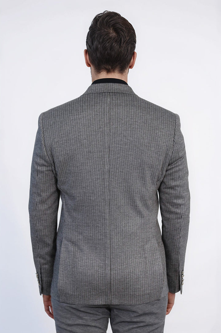 Anthracite Pinstriped Slim Fit Double-Breasted Blazer with Silver Metal Buttons – Wessi