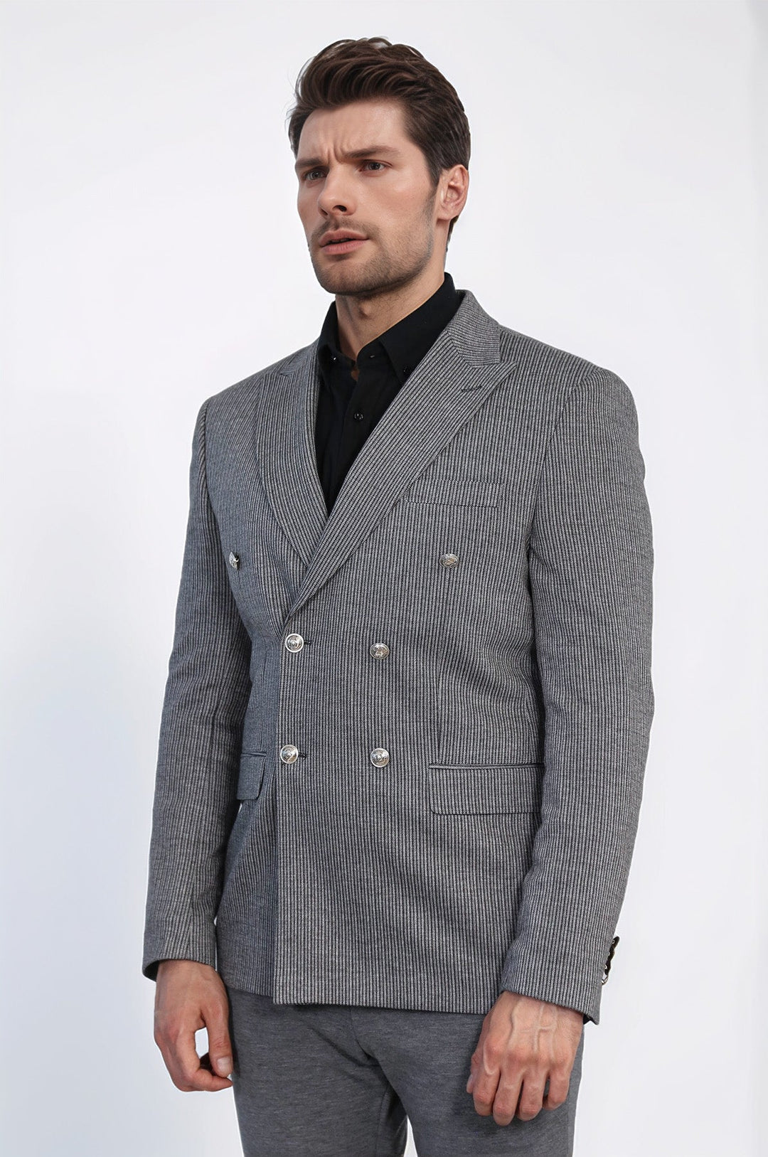 Anthracite Pinstriped Slim Fit Double-Breasted Blazer with Silver Metal Buttons – Wessi