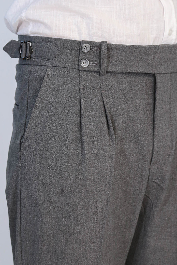 Anthracite Double-Pleated High-Waisted Slim Fit Trousers with Side Buckles – Wessi