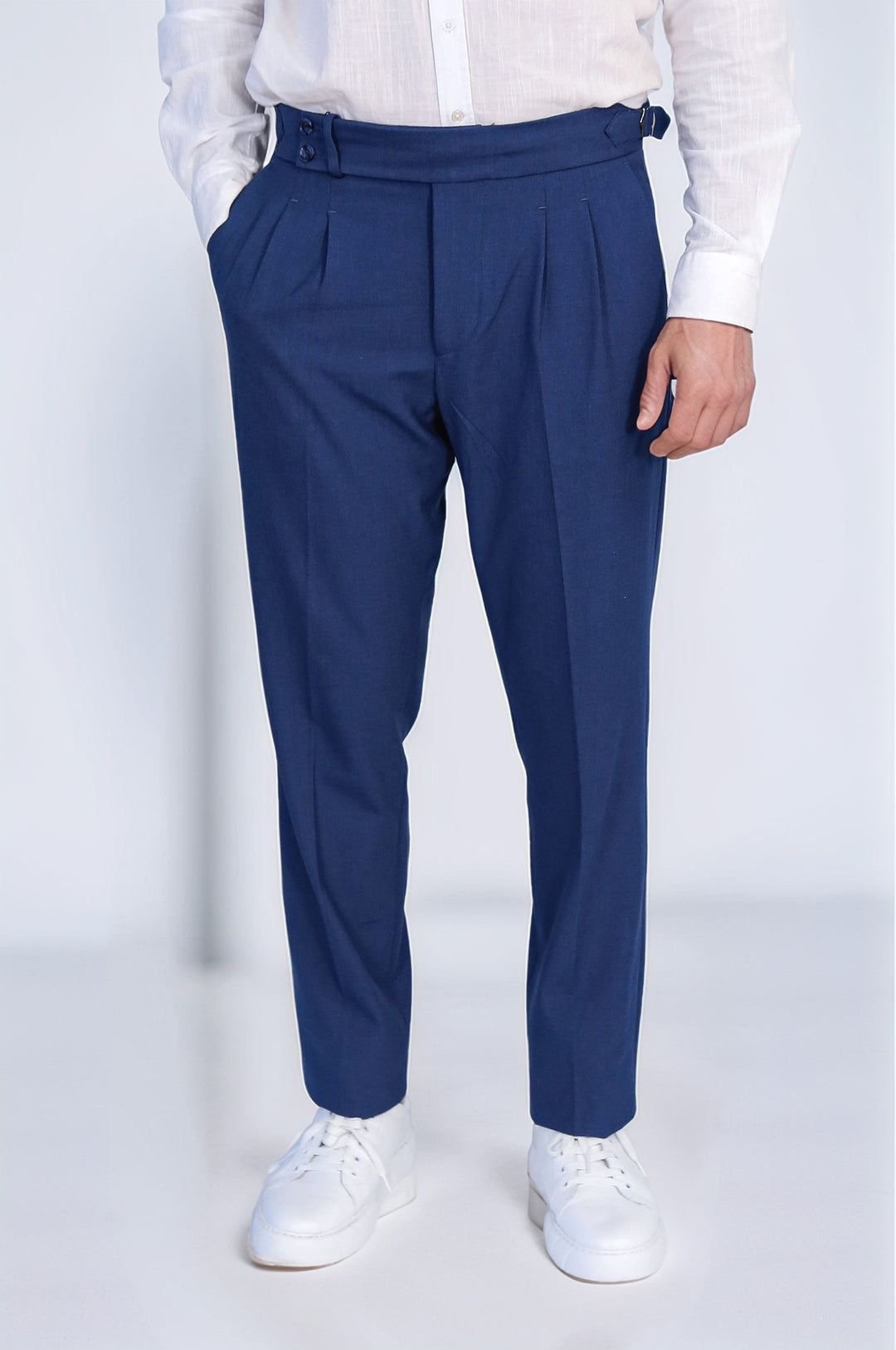 Sapphire Blue Double-Pleated High-Waisted Slim Fit Trousers with Side Buckles – Wessi