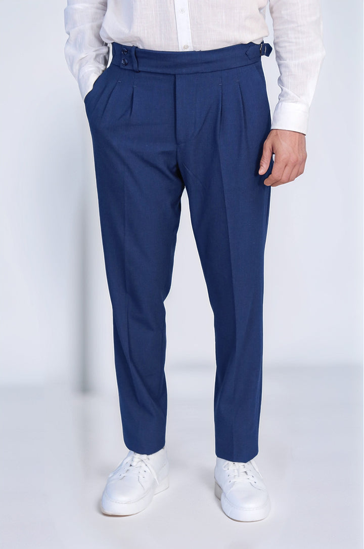 Sapphire Blue Double-Pleated High-Waisted Slim Fit Trousers with Side Buckles – Wessi