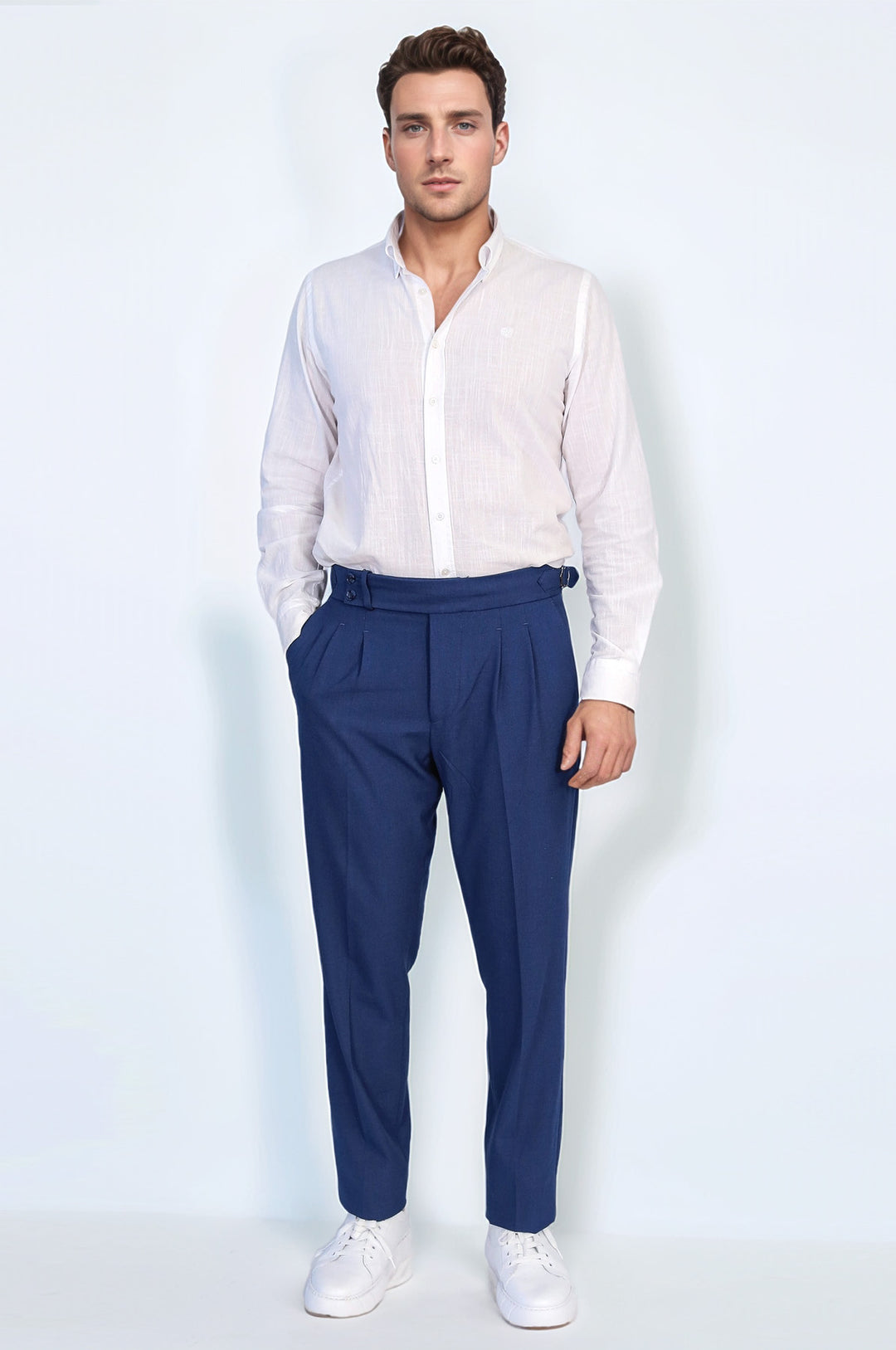 Sapphire Blue Double-Pleated High-Waisted Slim Fit Trousers with Side Buckles – Wessi