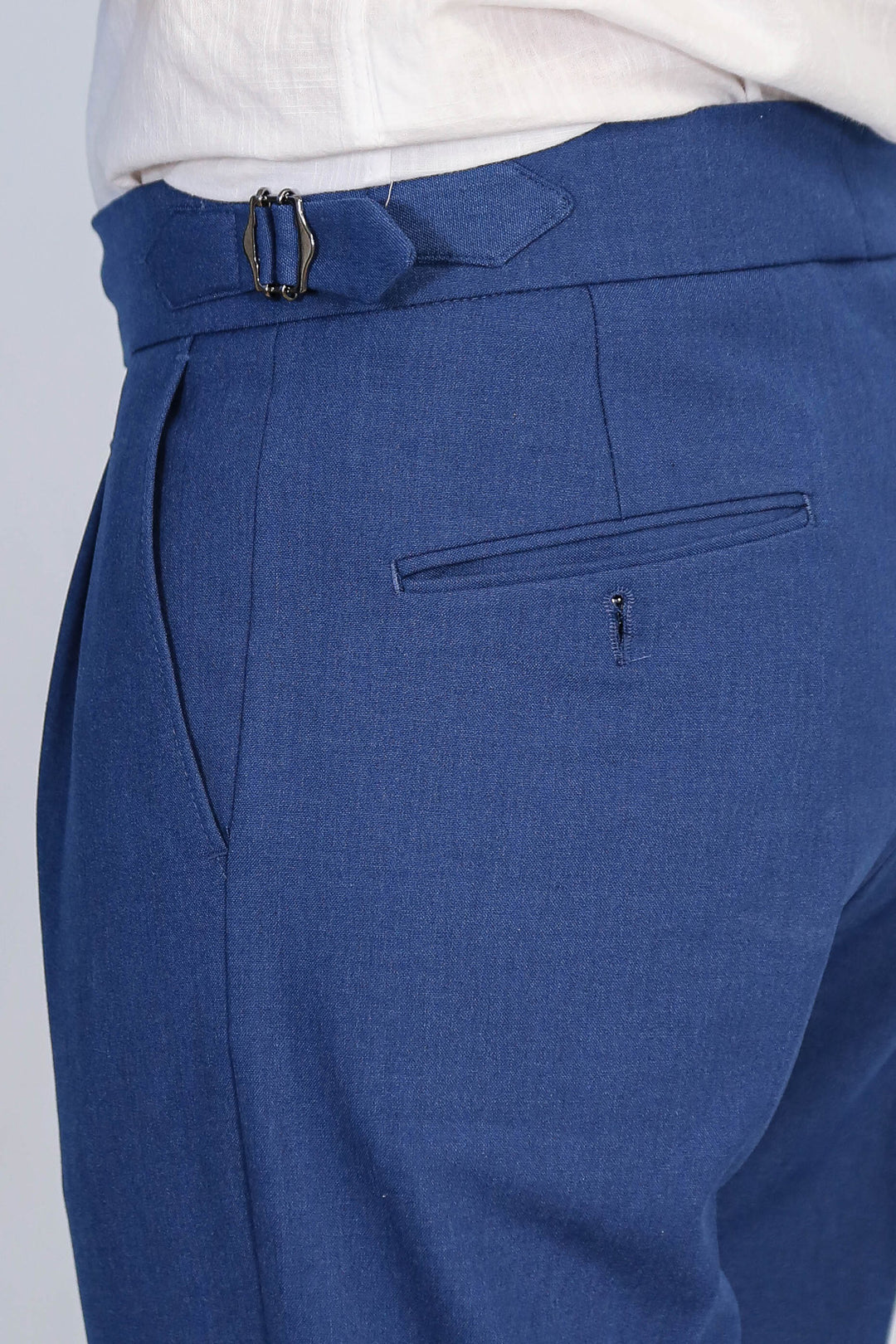 Sapphire Blue Double-Pleated High-Waisted Slim Fit Trousers with Side Buckles – Wessi