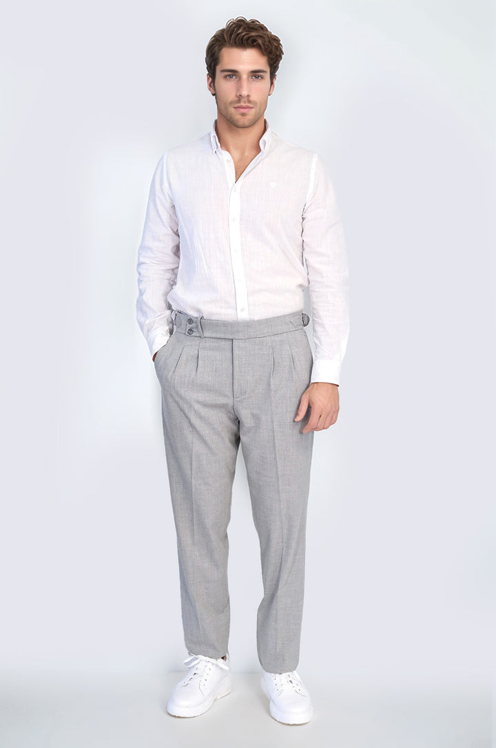 Gray Double-Pleated High-Waisted Slim Fit Trousers with Side Buckles – Wessi