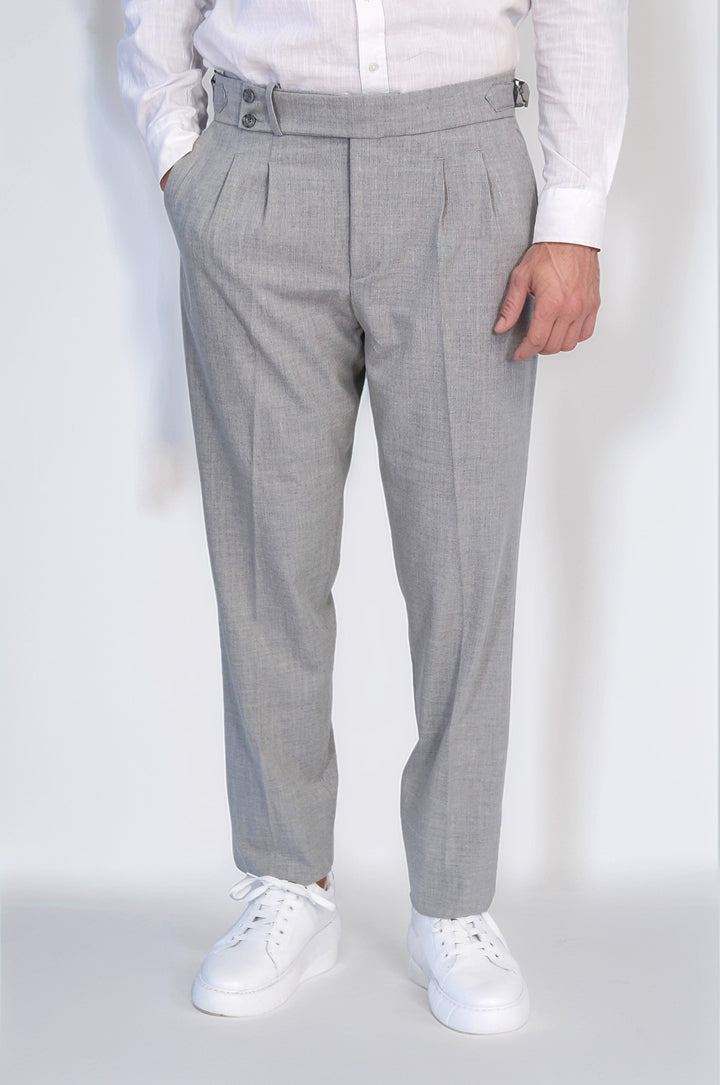 Gray Double-Pleated High-Waisted Slim Fit Trousers with Side Buckles – Wessi
