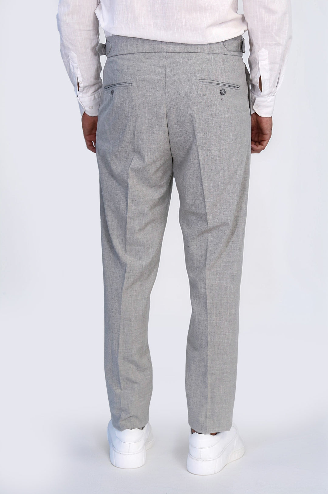 Gray Double-Pleated High-Waisted Slim Fit Trousers with Side Buckles – Wessi