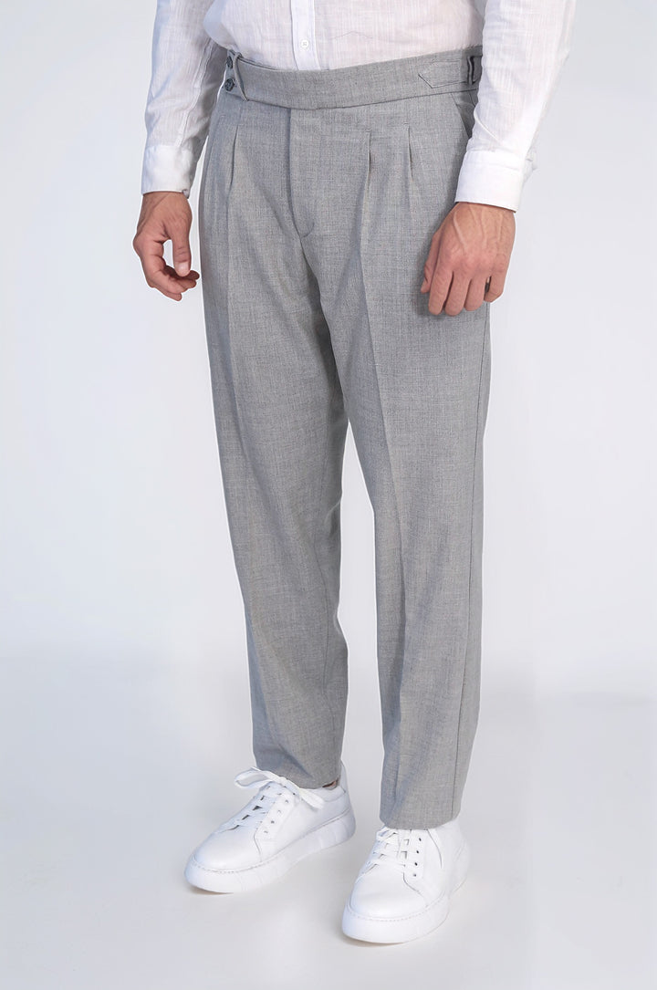Gray Double-Pleated High-Waisted Slim Fit Trousers with Side Buckles – Wessi