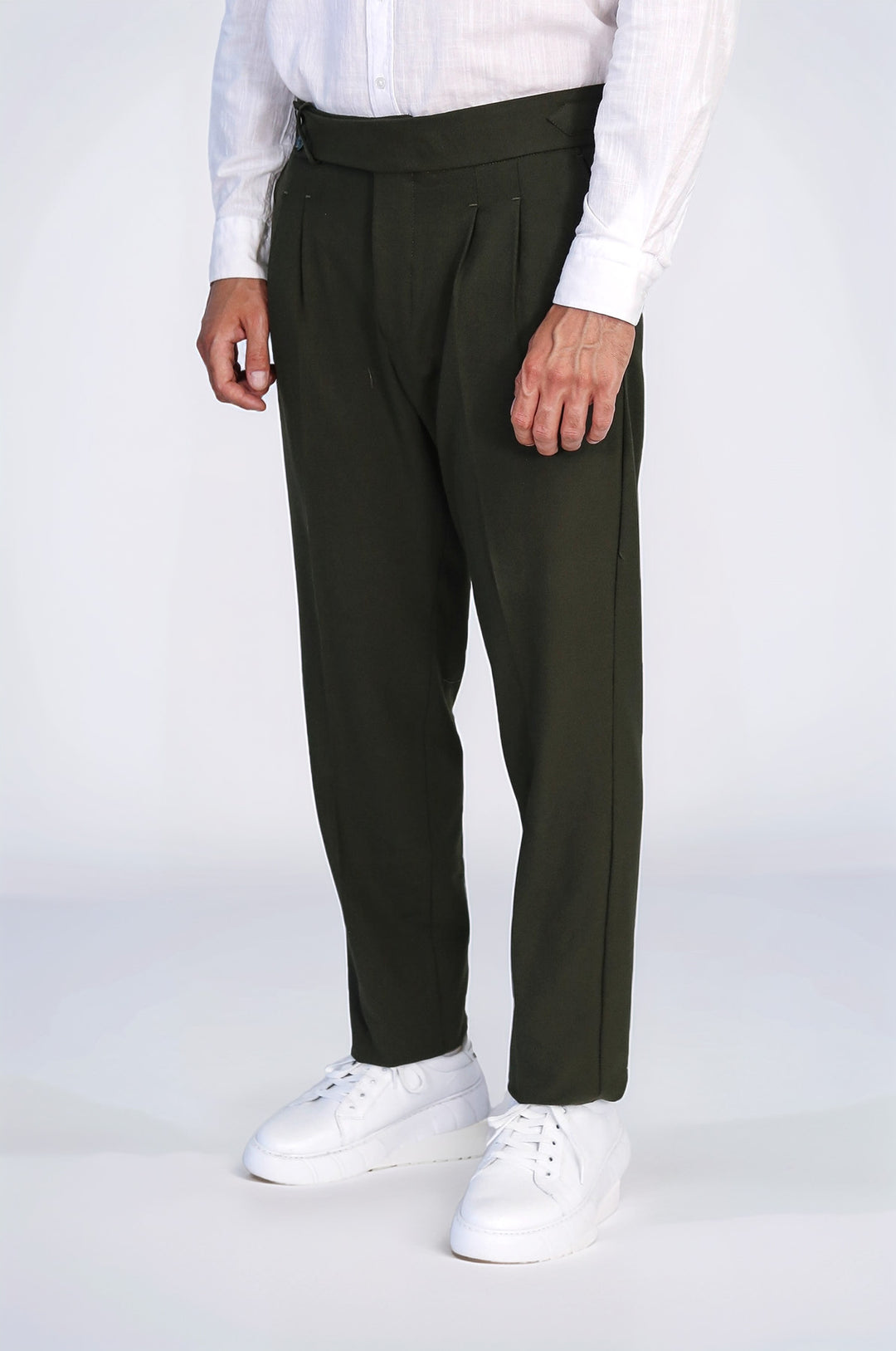 Khaki Double-Pleated High-Waisted Slim Fit Trousers with Side Buckles – Wessi