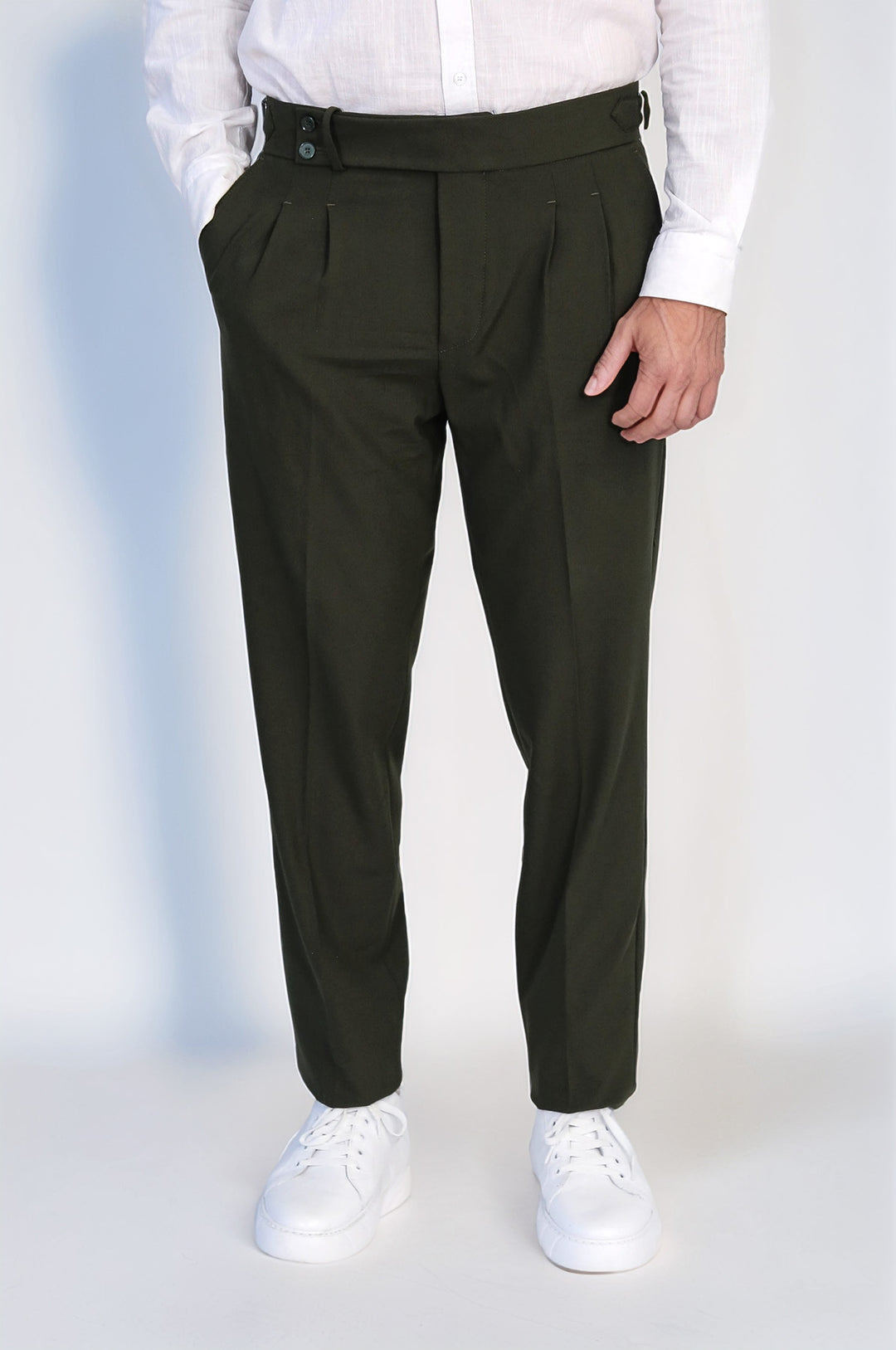 Khaki Double-Pleated High-Waisted Slim Fit Trousers with Side Buckles – Wessi