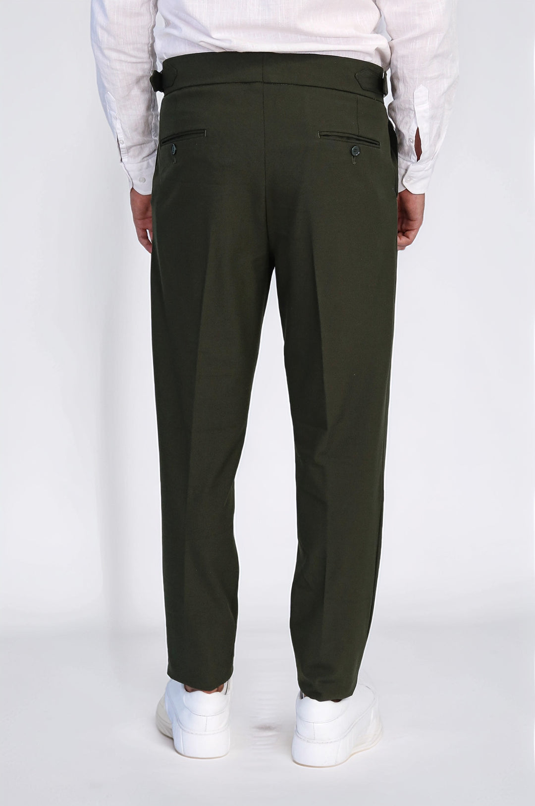 Khaki Double-Pleated High-Waisted Slim Fit Trousers with Side Buckles – Wessi