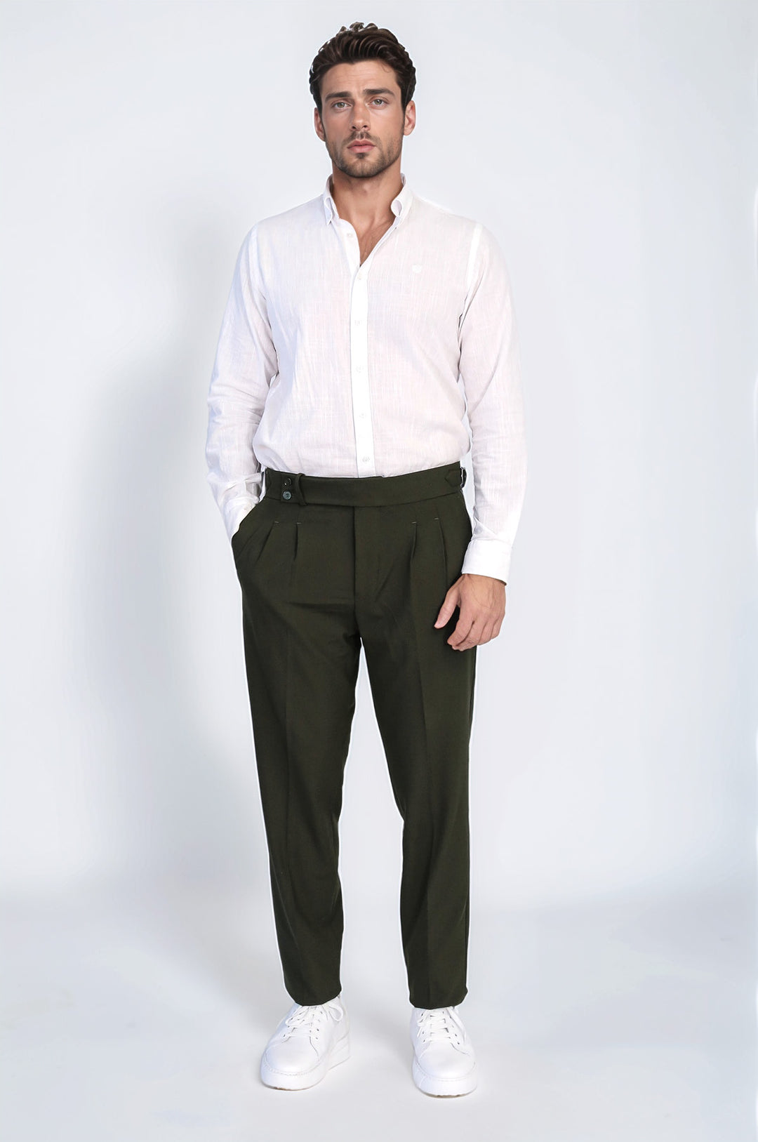 Khaki Double-Pleated High-Waisted Slim Fit Trousers with Side Buckles – Wessi