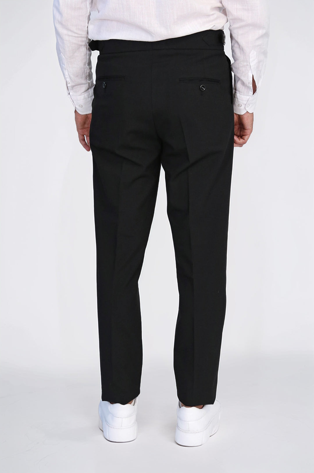 Black Double-Pleated High-Waisted Slim Fit Trousers with Side Buckles – Wessi