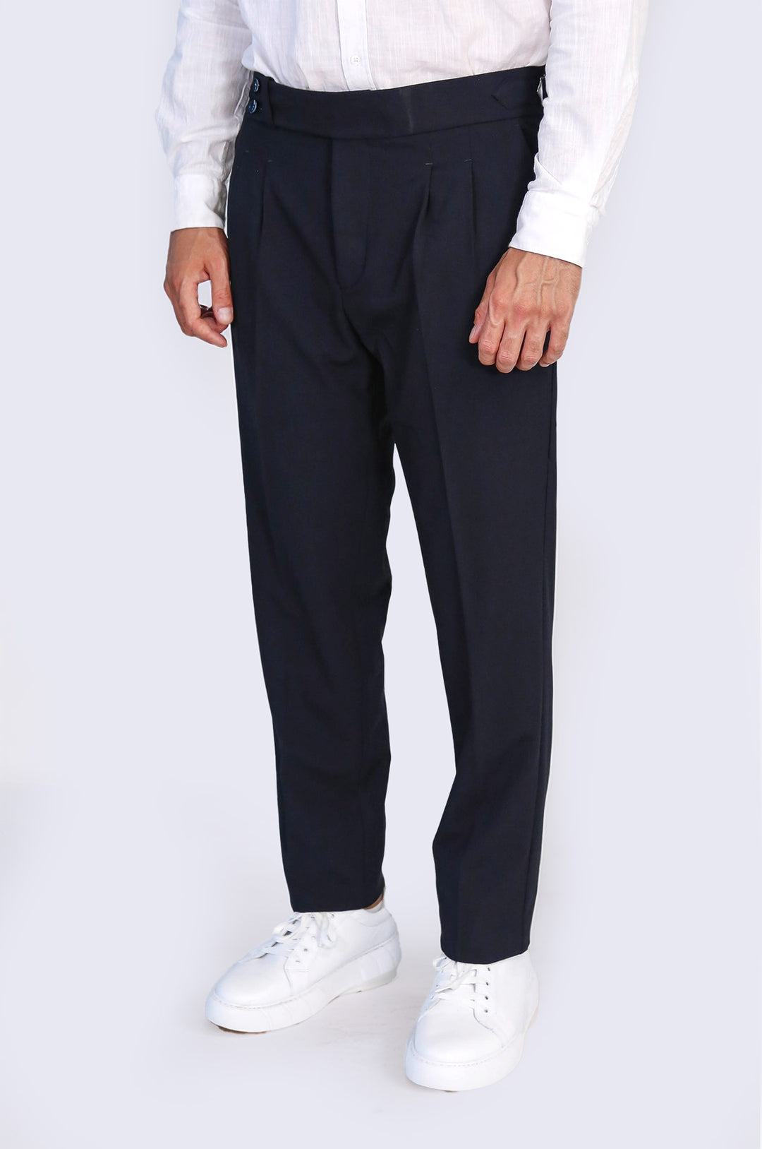 Navy Double-Pleated High-Waisted Slim Fit Trousers with Side Buckles – Wessi
