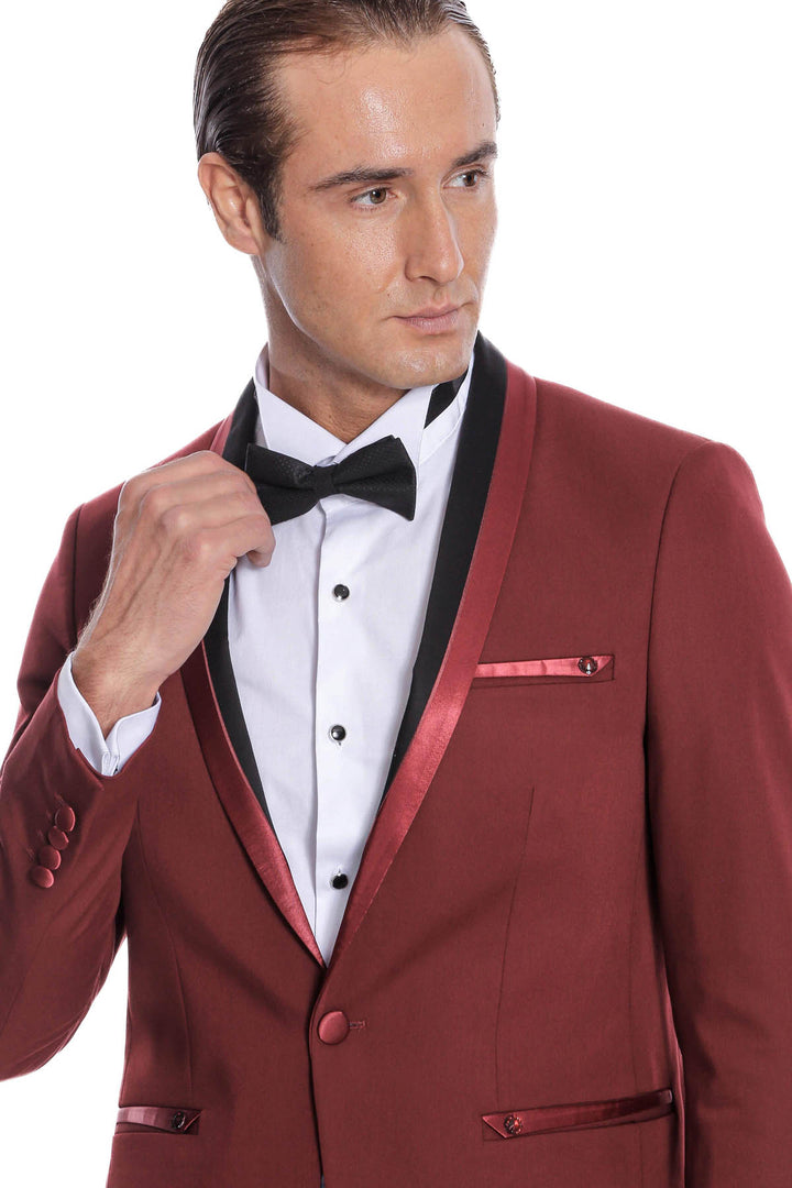 Shawl Lapel Burgundy Tuxedo Suit | Wessi