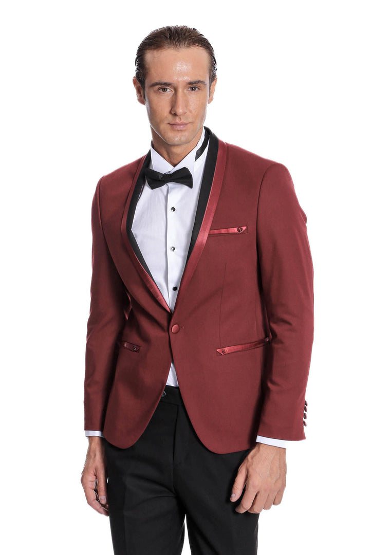 Shawl Lapel Burgundy Tuxedo Suit | Wessi