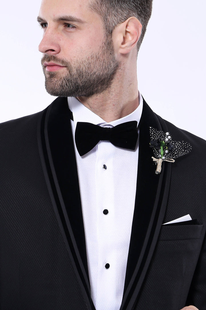 Detachable Velvet Lapel Black Tuxedo - Wessi