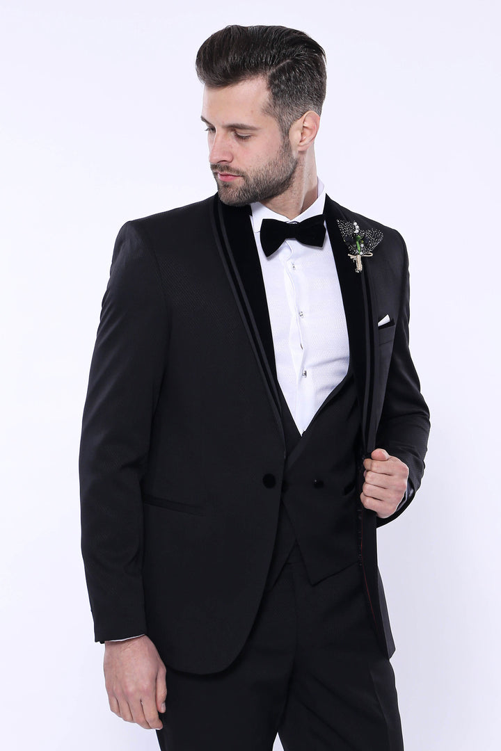 Detachable Velvet Lapel Black Tuxedo - Wessi