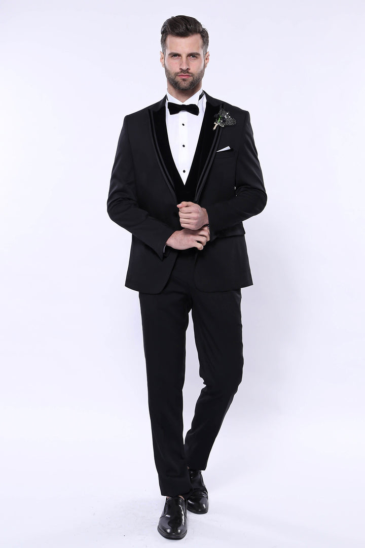 Velvet Collar Patterned Black Tuxedo | Wessi