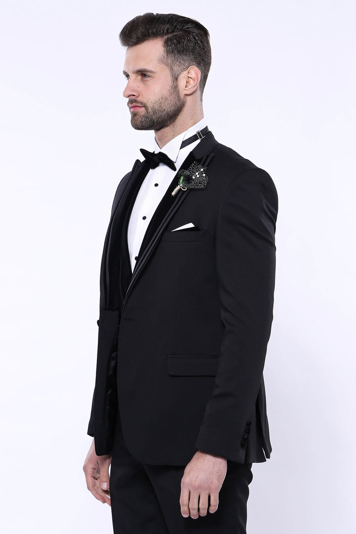 Velvet Collar Patterned Black Tuxedo | Wessi