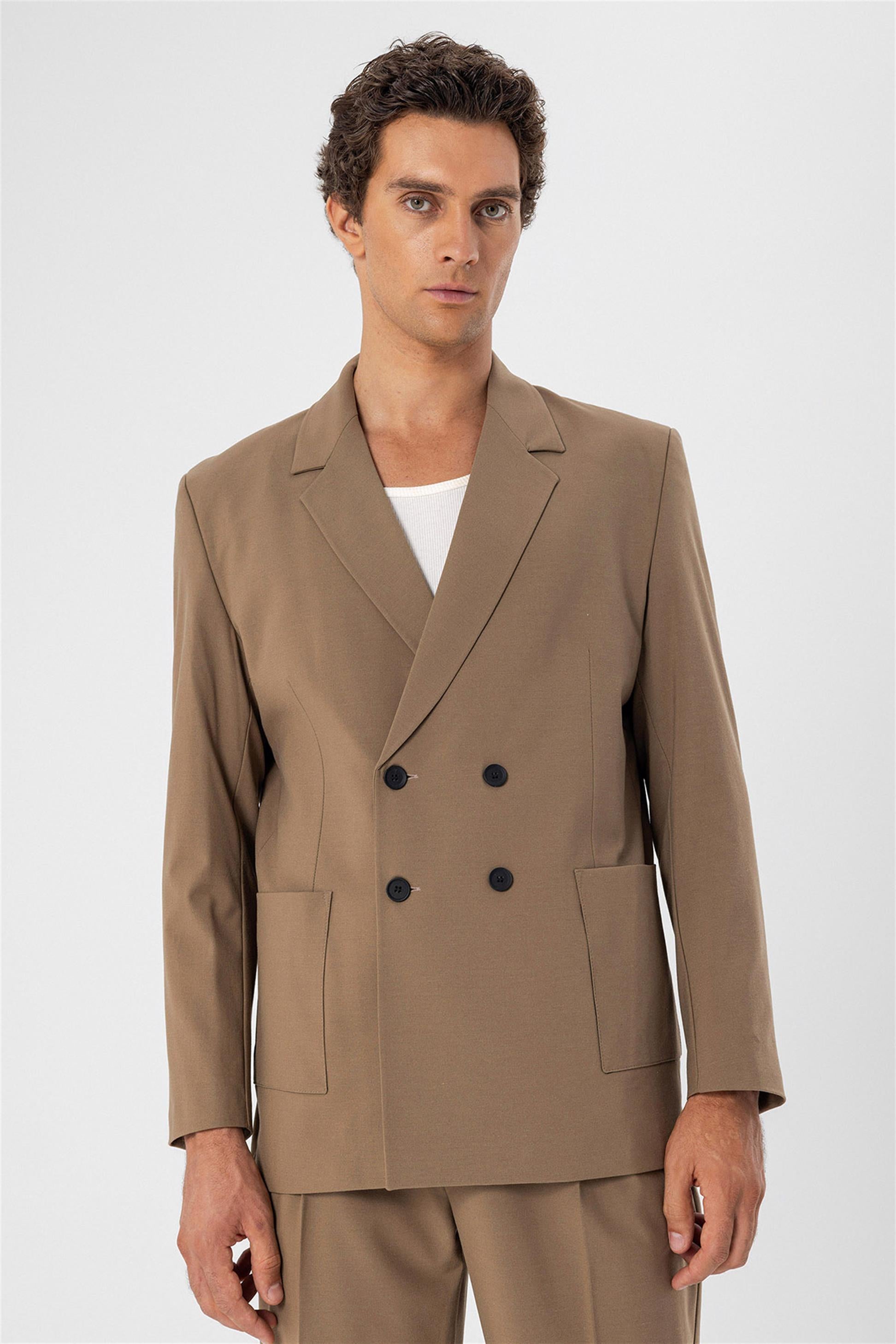 Men s Camel Double Breasted Blazer Jacket with Bag Pocket Wessi