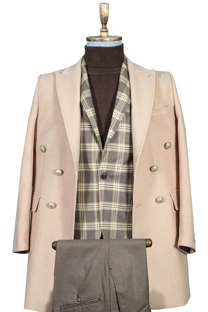 Beige Double-Breasted Coat with Brown Suit and Knitwear - Winter Business Look - Wessi