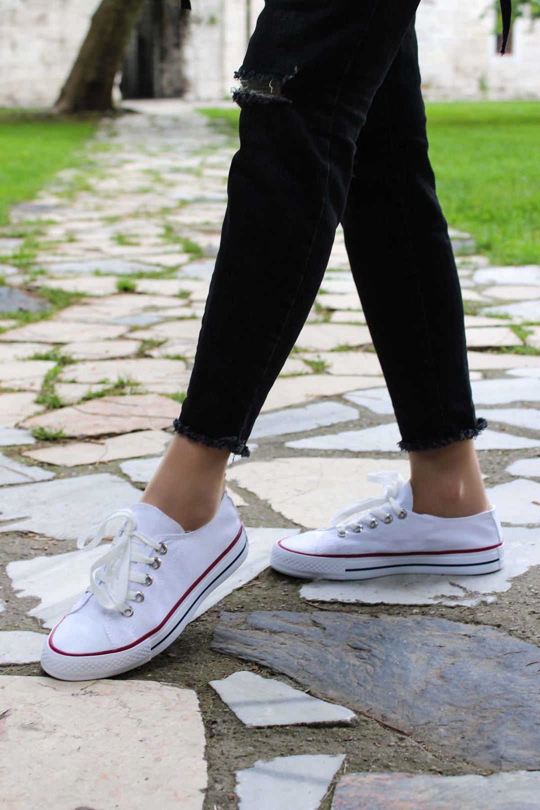 Men's White Canvas Low-Top Sneakers with Red Stripe Detail - Wessi