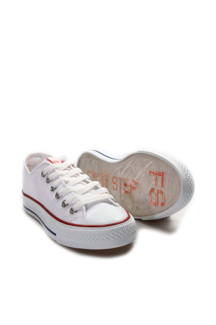 Men's White Canvas Low-Top Sneakers with Red Stripe Detail - Wessi