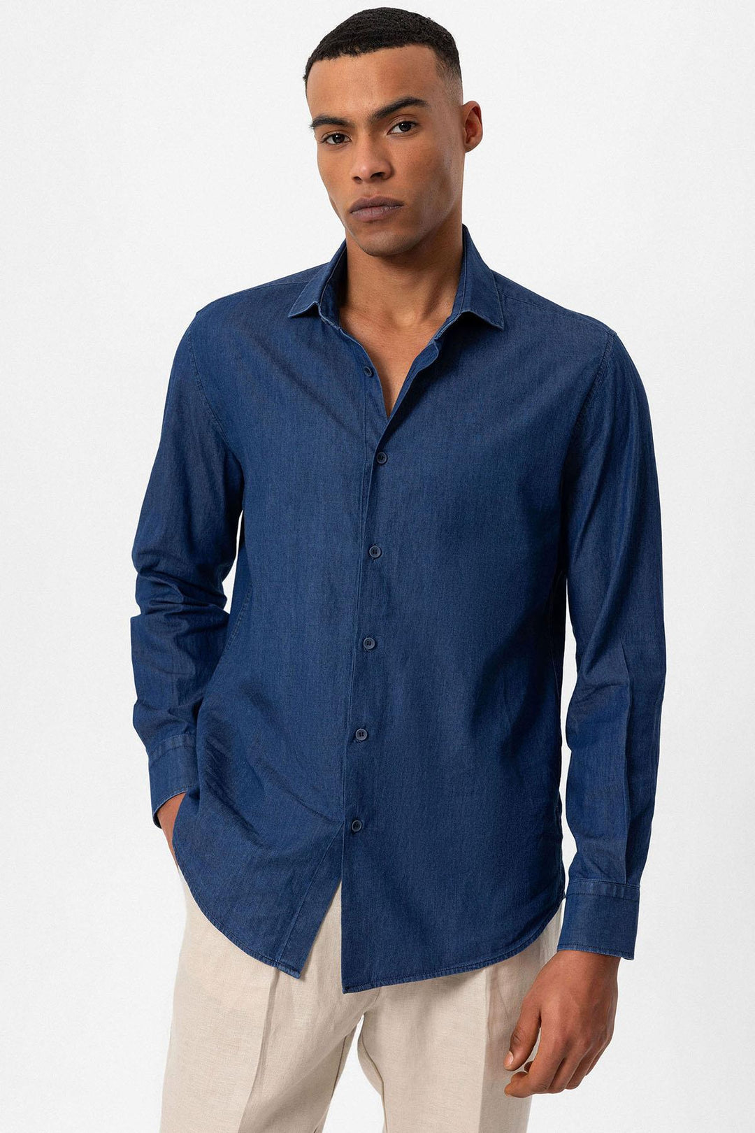 Camisa vaquera de manga larga azul marino para hombre - Wessi