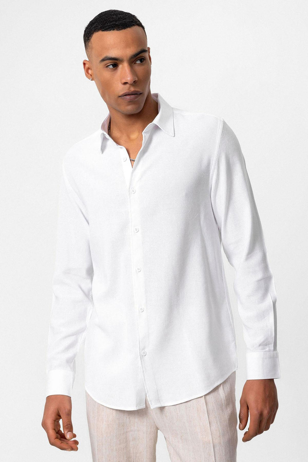 Men's White Long Sleeve Linen Shirt - Wessi