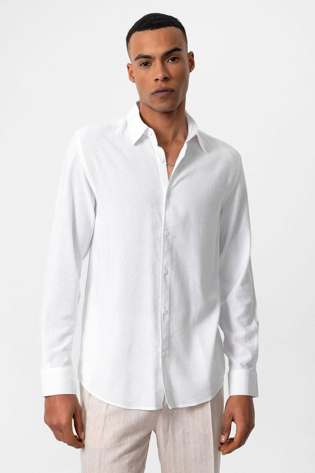 Men's White Long Sleeve Linen Shirt - Wessi