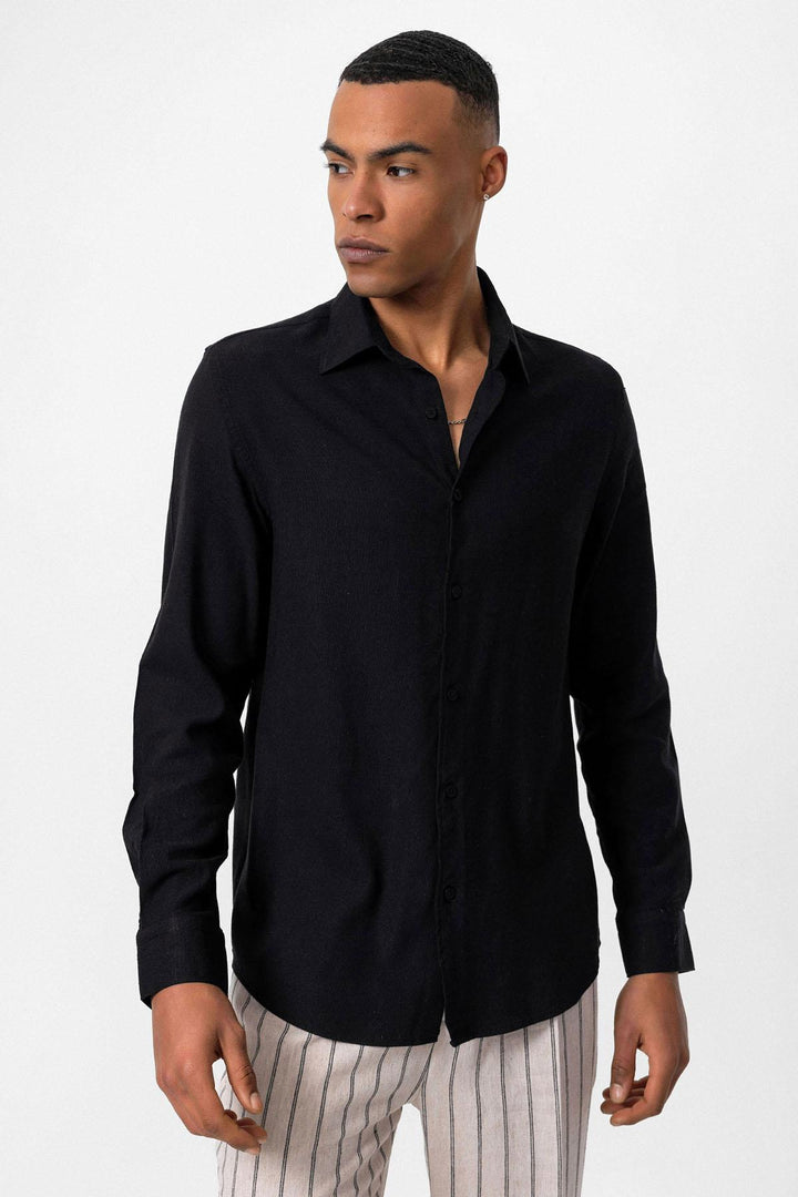 Men's Black Long Sleeve Linen Shirt - Wessi