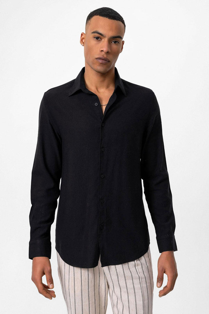 Camisa de hombre de lino de manga larga negra - Wessi