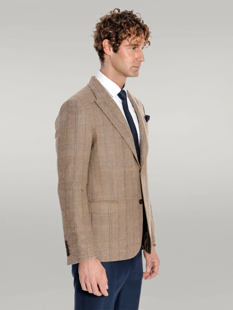 Herringbone Slim Fit Wool Tan Men Blazer - Wessi