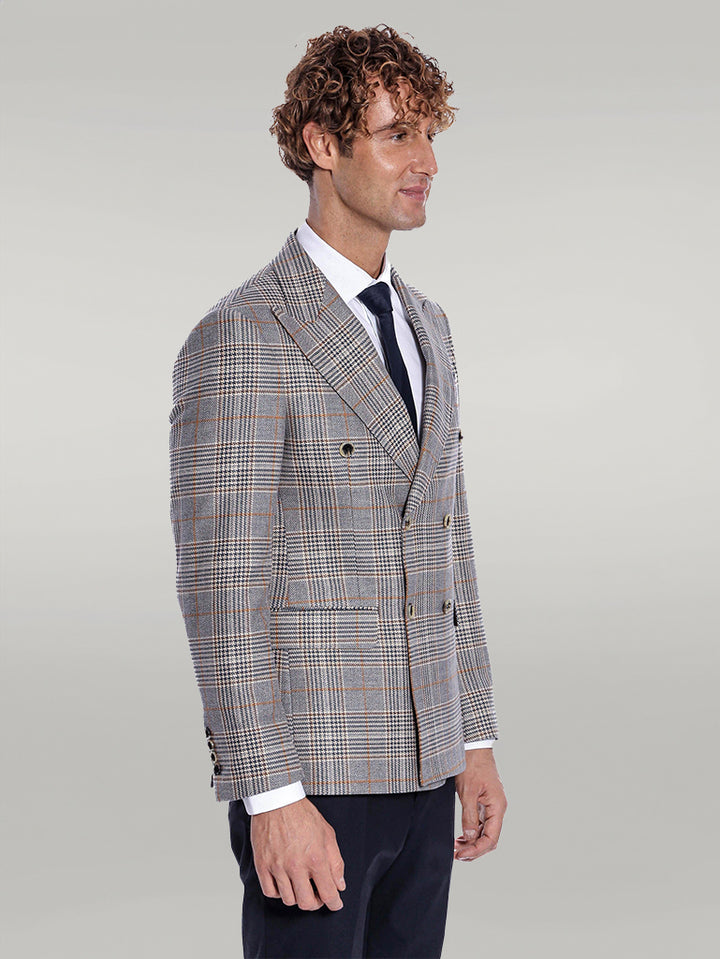 Double Breasted Checked Anthracite Men Blazer - Wessi