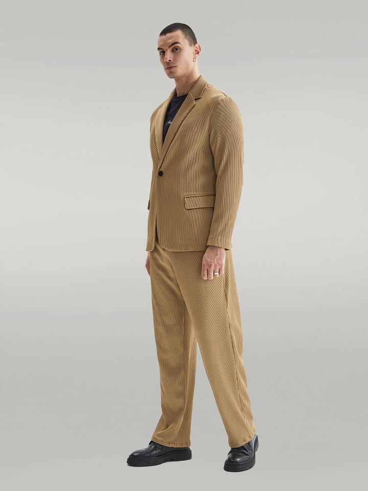 Men's Dark Beige Ribbed Textured Oversize Suit - Wessi