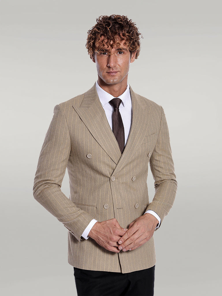 Striped Double Breasted Cream Men Blazer - Wessi