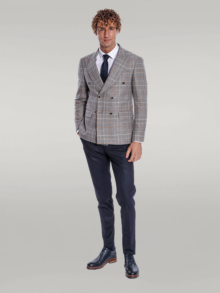 Double Breasted Checked Anthracite Men Blazer - Wessi