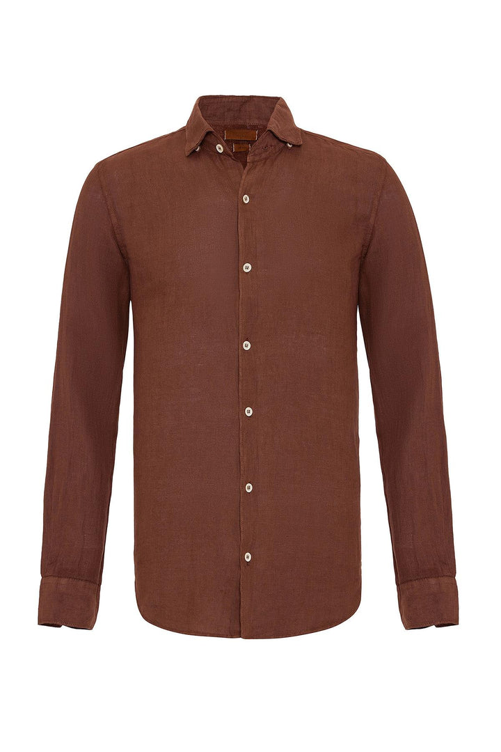 Men's Brown Collar Button Detailed 100% Linen  Shirt - Wessi