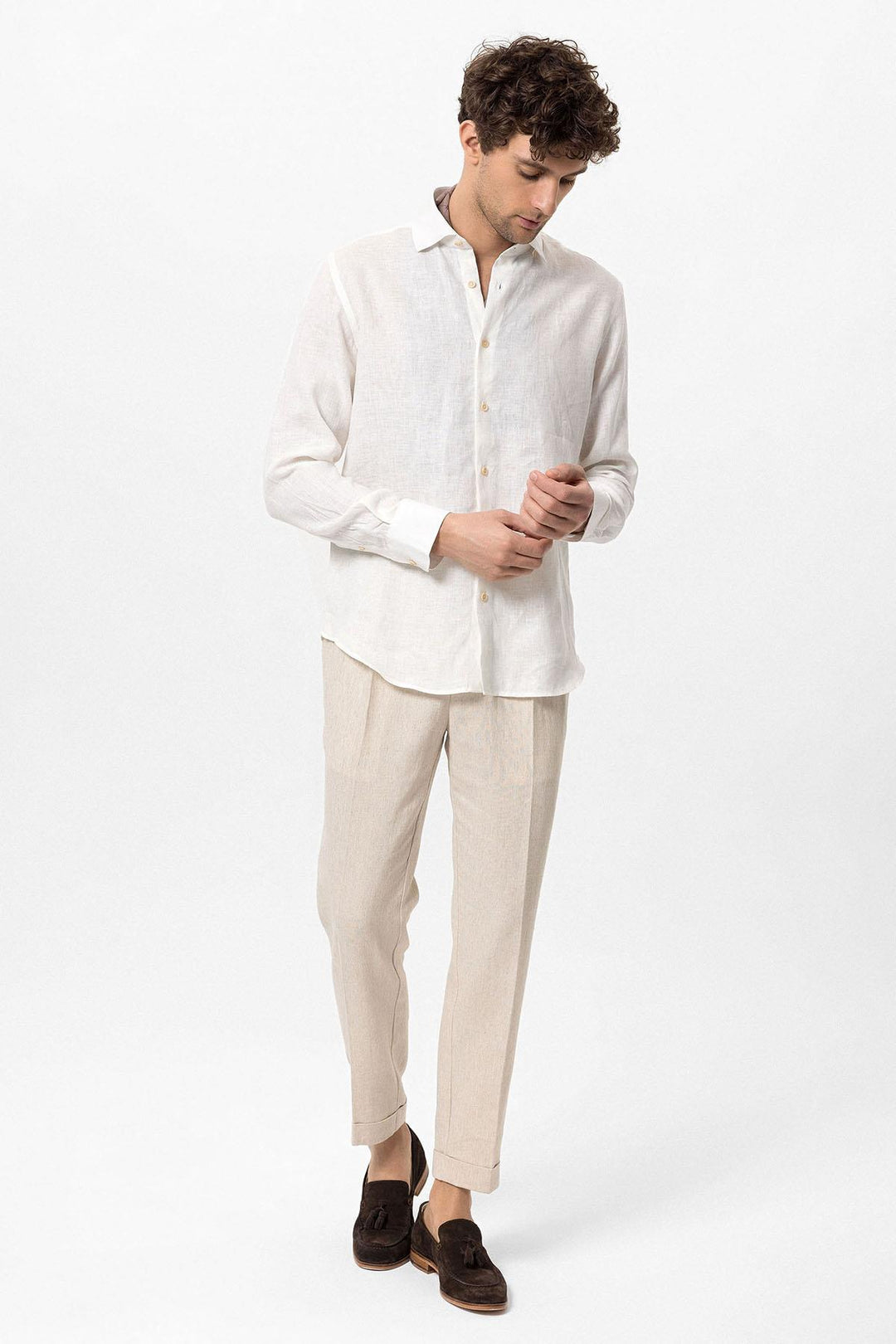 Men's White Collar Button Detail 100% Linen  Shirt - Wessi