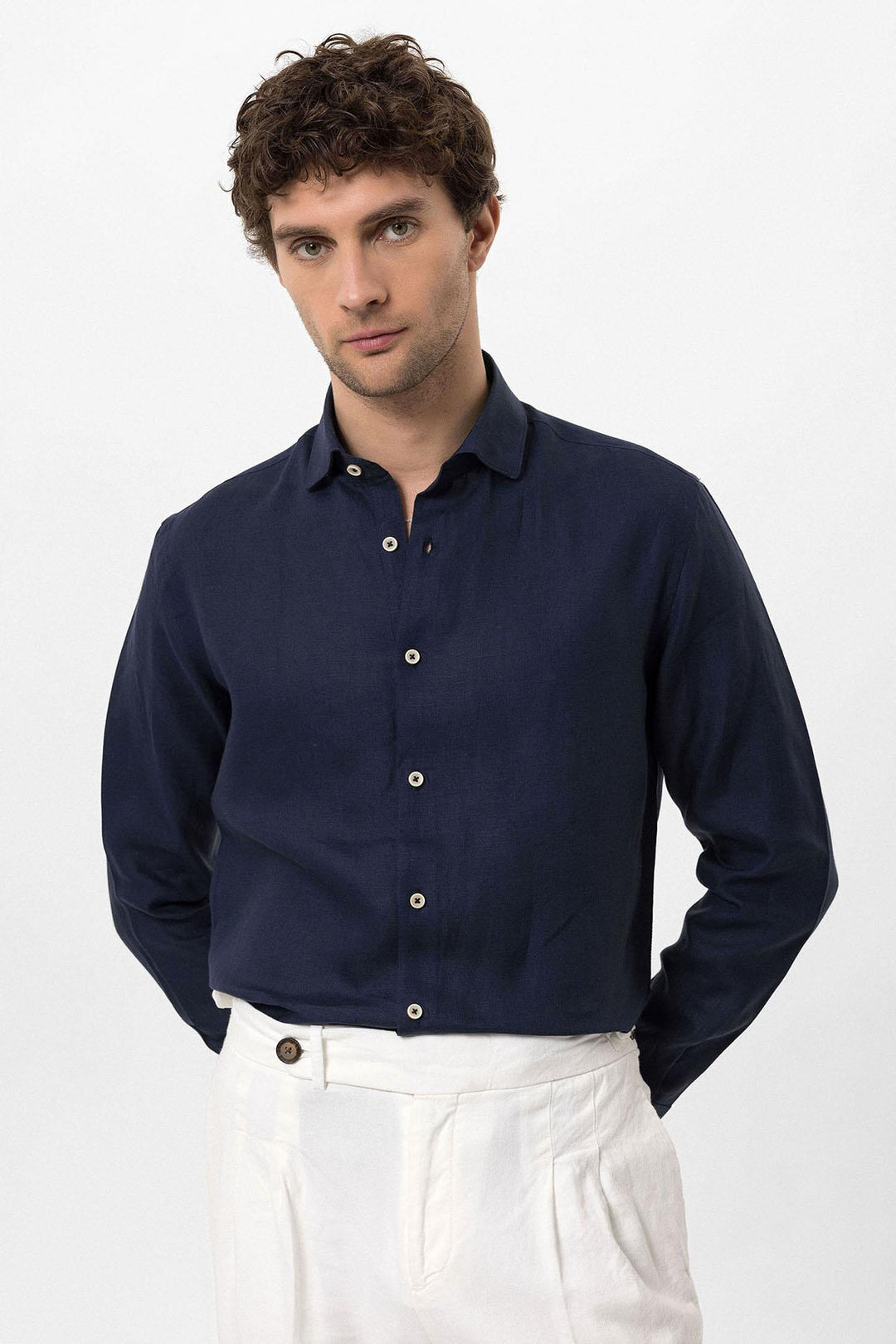 Men's Navy Blue Collar Button Detailed 100% Linen  Shirt - Wessi