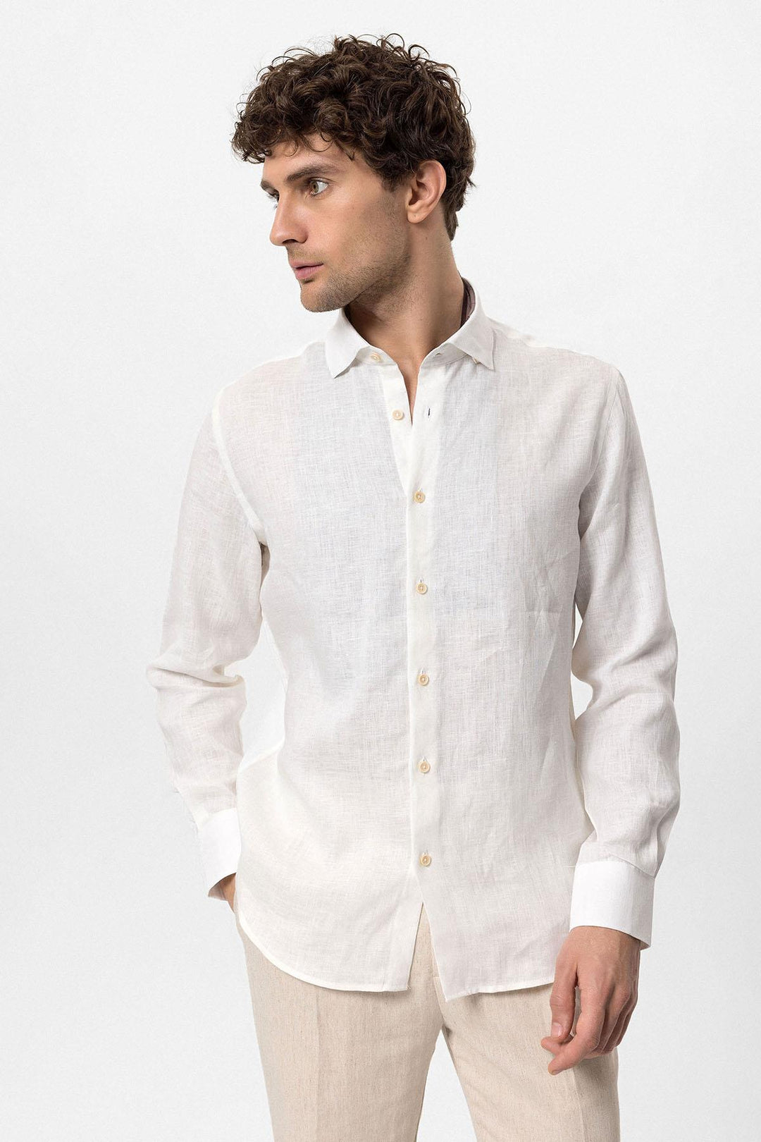 Men's White Collar Button Detail 100% Linen  Shirt - Wessi