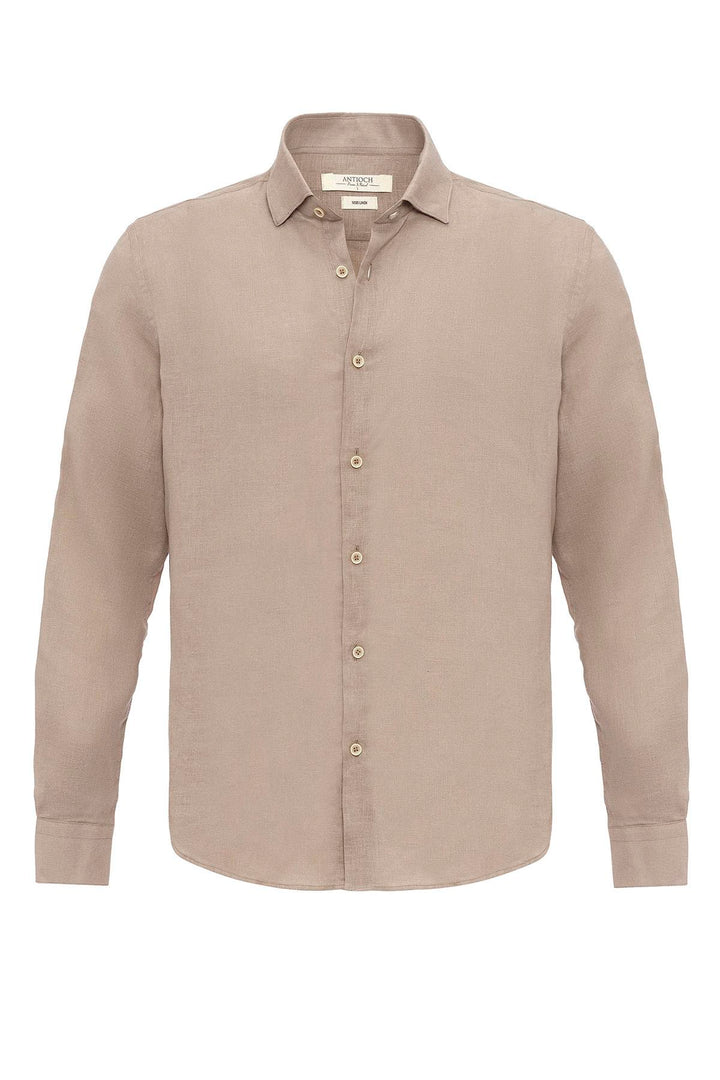 Camisa de hombre 100% lino con detalle de botones y cuello beige - Wessi