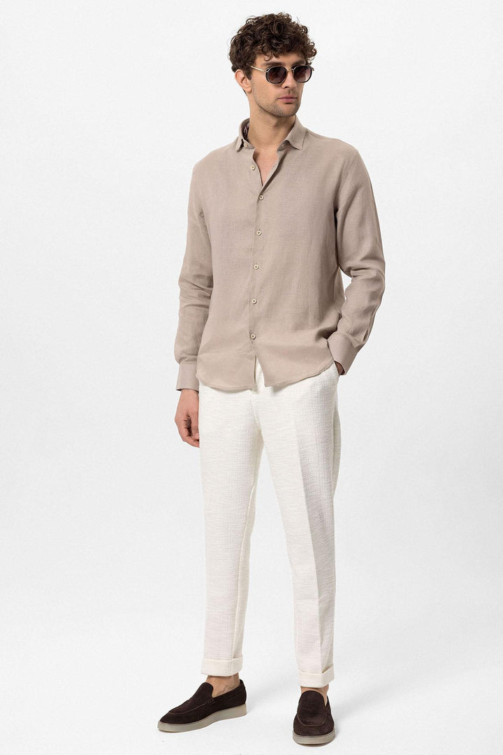 Men's Beige Collar Button Detailed 100% Linen  Shirt - Wessi