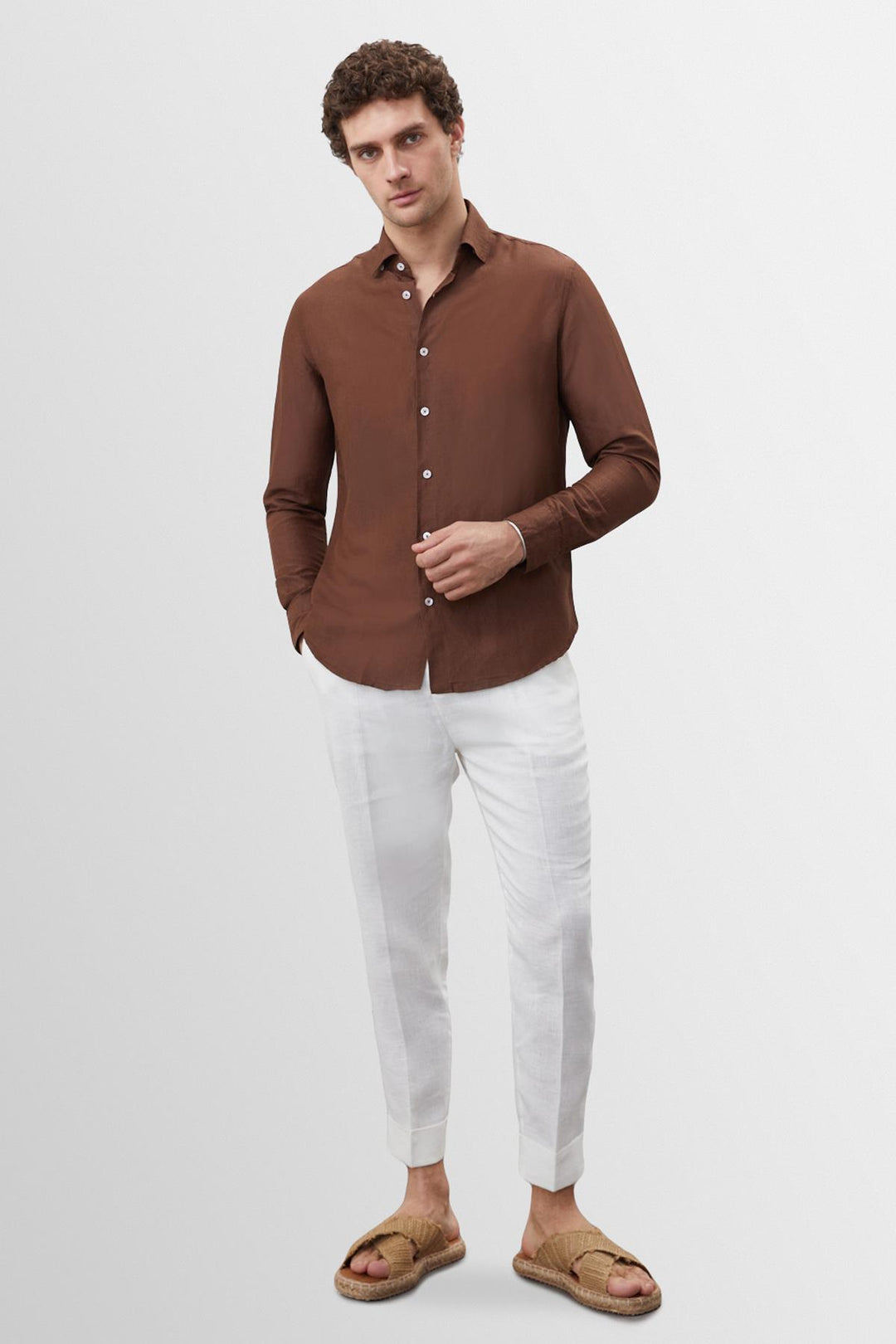 Men's Brown Collar Button Detailed 100% Linen  Shirt - Wessi